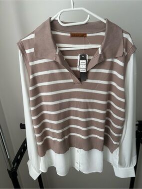 Belldini Taupe and White Striped Sleeveless Polo Knit Layered Blouse